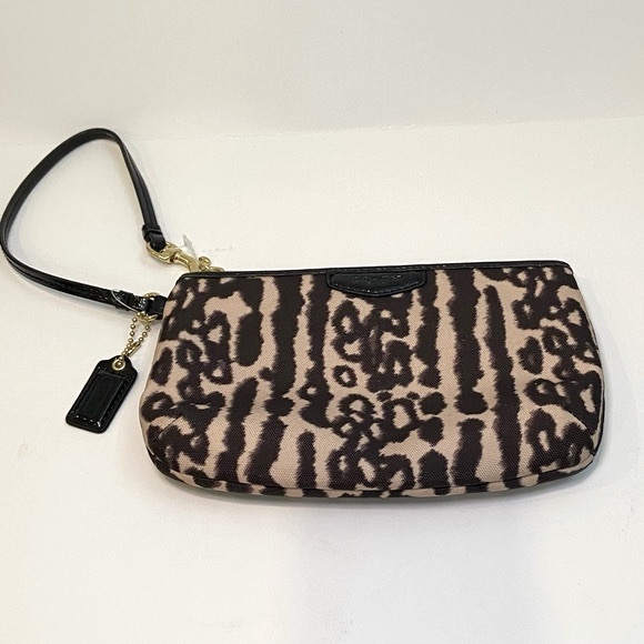 COACH Animal Print Wristlet Black Patent Leather Trim Gold Toned Hardware - Picture 7 of 13